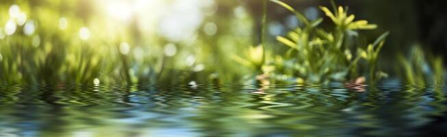 borroso imagen de natural antecedentes desde agua y plantas. generativo ai foto