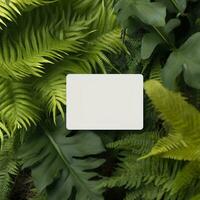 Blank business card on green leaves background. Generative AI photo