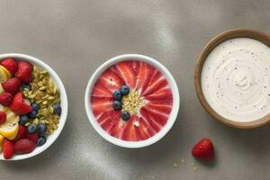 healthy yogurt fruit smoothie bowl. background. AI Generative Pro Photo