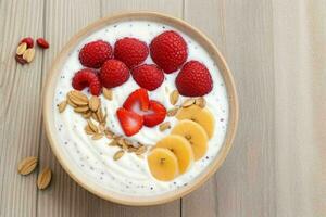 healthy yogurt fruit smoothie bowl. background. AI Generative Pro Photo