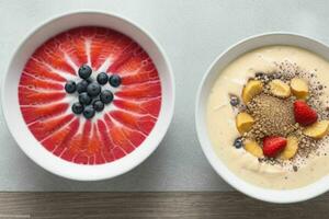 healthy yogurt fruit smoothie bowl. background. AI Generative Pro Photo