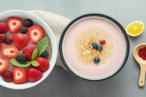 healthy yogurt fruit smoothie bowl. background. AI Generative Pro Photo