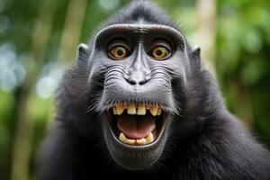 Celebes crested macaque with open mouth. Close up on the green natural background. Generative AI photo