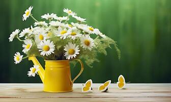 Chamomile flowers bouquet in watering can and butterfly on the table in the garden. Generative AI photo