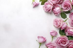 Close up of blooming pink roses flowers and petals isolated on white table background. Floral frame composition. Decorative web banner. Empty space, flat lay, top view. AI Generative photo