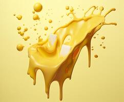 Cheese sauce splashing in the air with cheddar cheese, 3d rendering. Generative AI photo