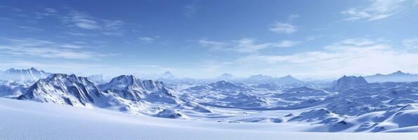 vast desolated snow land, big mountains in the background, snowfall with light blue sky and light blue colors, peaceful atmosphere,  AI Generative photo