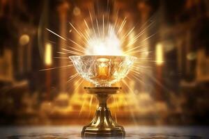 The golden monstrance with a little transparent crystal center, consecrated host. church defocused background. AI Generative photo