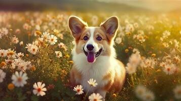 Charming corgi dog with flowers in the spring. Generative AI photo