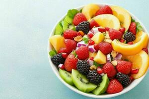 Bowl of healthy fresh fruit salad. background. AI Generative Pro Photo