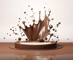 Chocolate splash with a podium, mockup background for milk product display, 3d. Generative AI photo