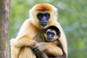 Close image of Cheeked Gibbon monkey mother with a child in the forest. Generative AI photo