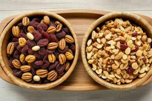 Dried fruits and nuts mixed in a bowl. background. AI Generative Pro Photo