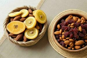 Dried fruits and nuts mixed in a bowl. background. AI Generative Pro Photo