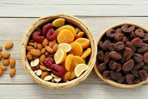 Dried fruits and nuts mixed in a bowl. background. AI Generative Pro Photo