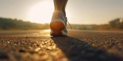 cerca arriba en el zapato, corredor atleta pies corriendo en el la carretera debajo luz de sol en el Mañana. ai generativo foto