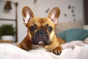 Cute French bulldog in a bedroom, closeup. AI Generative photo