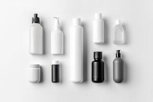 cosmético belleza productos contenedores en blanco antecedentes. generativo ai foto