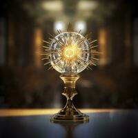 The golden monstrance with a little transparent crystal center, consecrated host. church defocused background. AI Generative photo