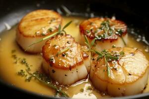 Closeup of pan seared diver scallops with lemon beurre blanc. Generative AI photo