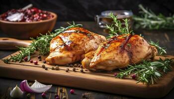 Closeup of tasty roast chicken breast served on wooden board. Grilled chicken. Generative AI photo