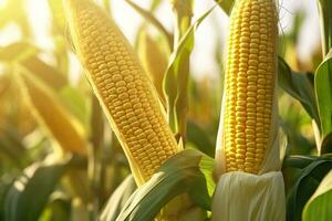 Closeup corn cobs in corn plantation field. Generative AI photo