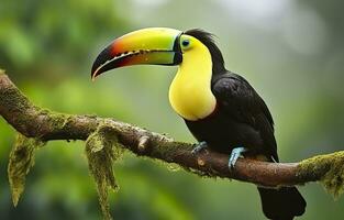 Chesnut mandibled Toucan sitting on the branch in tropical rain with a green jungle. Generative AI photo