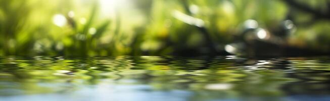 borroso imagen de natural antecedentes desde agua y plantas. generativo ai foto