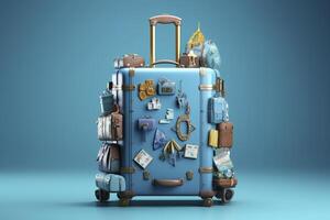 Blue suitcase full of landmarks and travel accessories on blue background. Generative AI photo