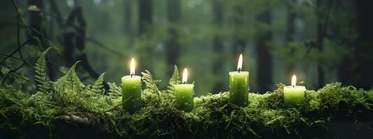 Burning candles on moss, dark green blurred the natural background. Magic candle. Generative AI photo