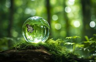 Butterfly and Crystal ball on a tree stump in the forest, natural green background. Generative AI photo