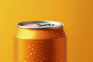 Can of fresh soda with water drops on orange background, closeup. Generative AI photo