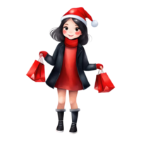 Cute Shopaholic Girl Wearing Christmas Clothes Simple Clipart Isolated Transparent AI Generative Illustration png