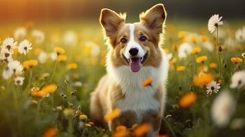 Charming corgi dog with flowers in the spring. Generative AI photo