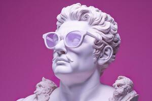 el cabeza de un blanco mitológico estatua con de moda rosado lentes en su ojos, marco en perfil. ai generativo foto