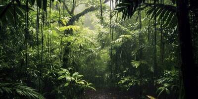 Rain falls in a rainforest with the rain drops. Generative AI photo