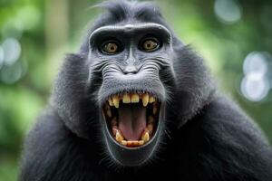 Celebes crested macaque with open mouth. Close up on the green natural background. Generative AI photo