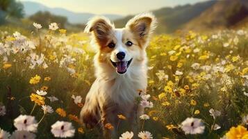 Charming corgi dog with flowers in the spring. Generative AI photo