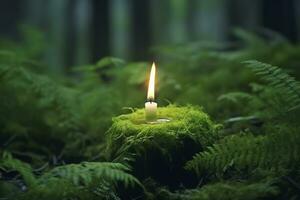 Burning candle on moss, dark green blurred the natural background. Magic candle. Generative AI photo