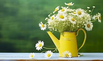 Chamomile flowers bouquet in watering can and butterfly on the table in the garden. Generative AI photo