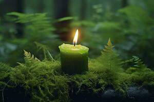 ardiente vela en musgo, oscuro verde borroso el natural antecedentes. magia vela. generativo ai foto