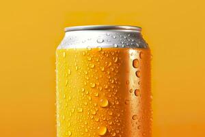 Can of fresh soda with water drops on orange background, closeup. Generative AI photo