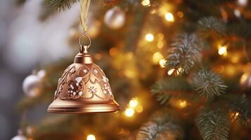 Golden bell decorated on Christmas tree, Christmas. Ai Generated. photo