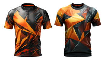 sport polo t-shirt with orange black abstract pattern front view, isolated on transparent background, generative ai png