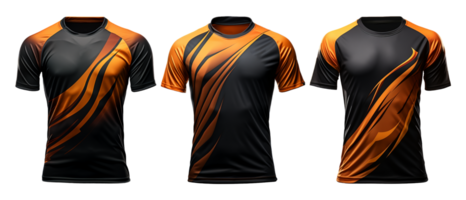 set of orange black sports jersey with abstract pattern front view, isolated on transparent background, generative ai png