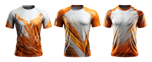 impostato di arancia bianca gli sport maglia con astratto modello davanti Visualizza, isolato su trasparente sfondo, generativo ai png
