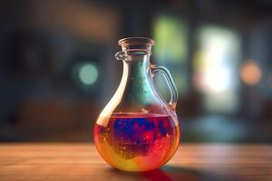 Close Up of a Science Beaker Filled with Multi Colored Liquids. AI Generative photo