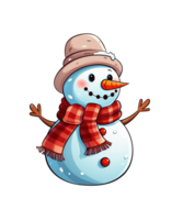 cute snowman cartoon wearing hat and scarf ai generative png