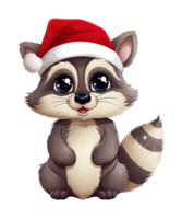 mignonne raton laveur portant Noël chapeau ai génératif png