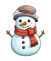 cute snowman cartoon wearing hat and scarf ai generative png